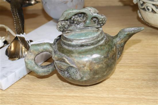 Two Chinese hardstone teapots and a dragon handled dish bowl diameter 25cm